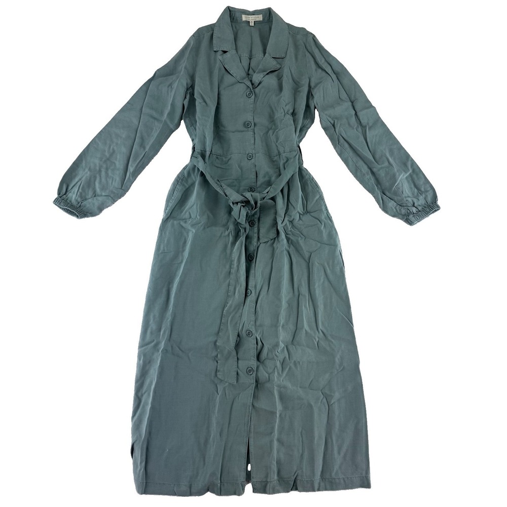 Side Stitch Long Sleeve Button Front Midi Dress XS Jade Green